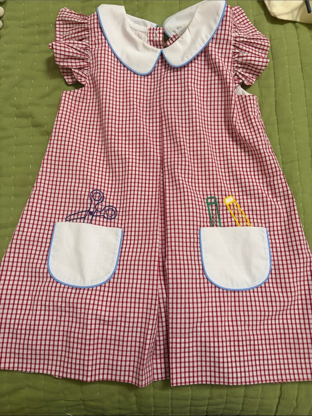 Red Gingham Girls Casual Dress with White Peter Collar